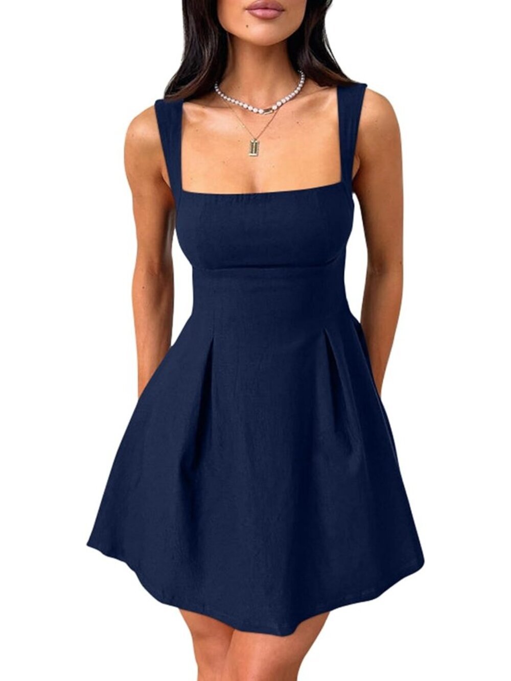 Women's Sleeveless Square Neck Navy Straps Bow Tie A-line Mini Party Club Dress
